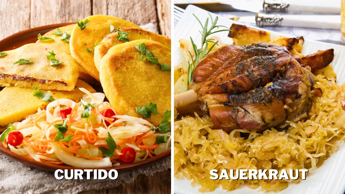 pupusas served with curtido and Baked pork shank with sauerkraut