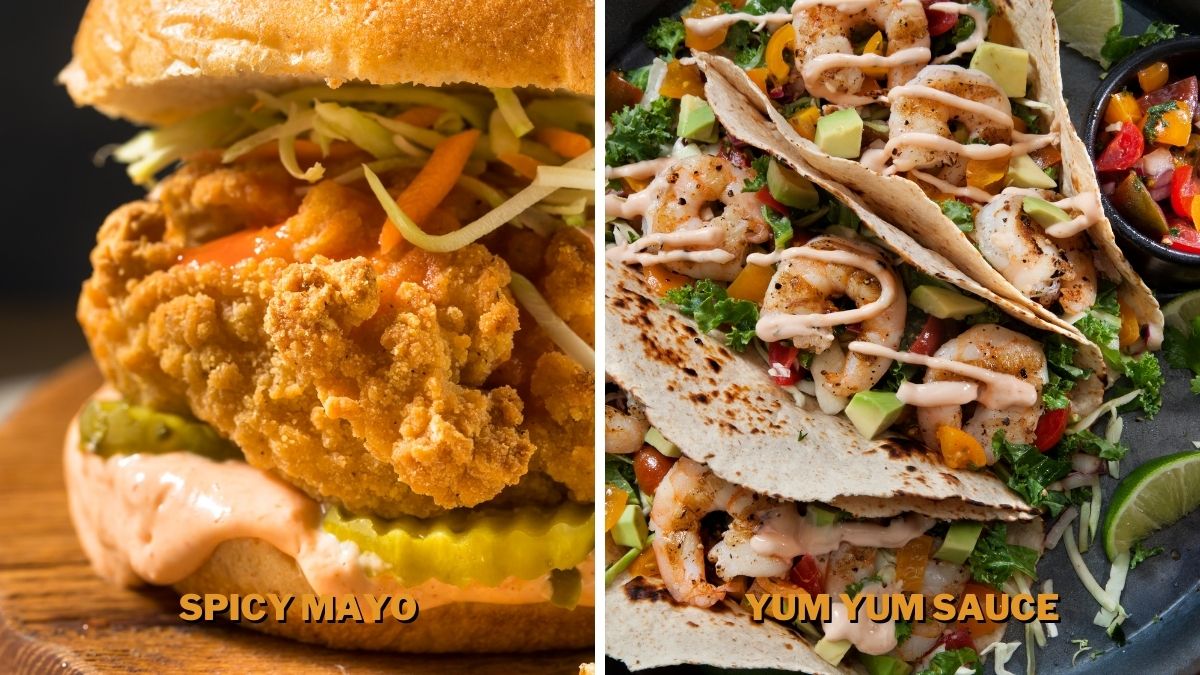 spicy mayo on a burger and yum yum sauce in nachos