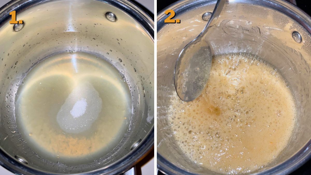 the process of making the glaze in two steps, combining lemon juice and sugar, and the finished glaze