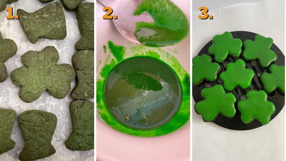 the three steps of icing the cookies whisking the icing putting it on the cookies and letting it dry